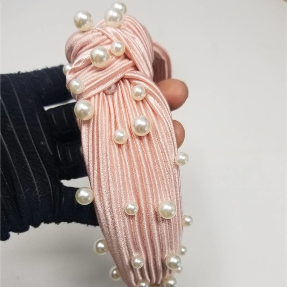 Blush Pearl Knot Pleated Silk Headband Crown Headpiece - Picture 4 of 9